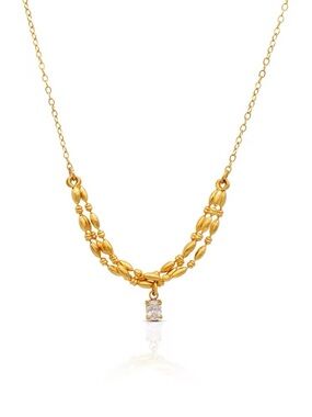 Gold Double-Strand Beaded Necklace with Crystal Drop